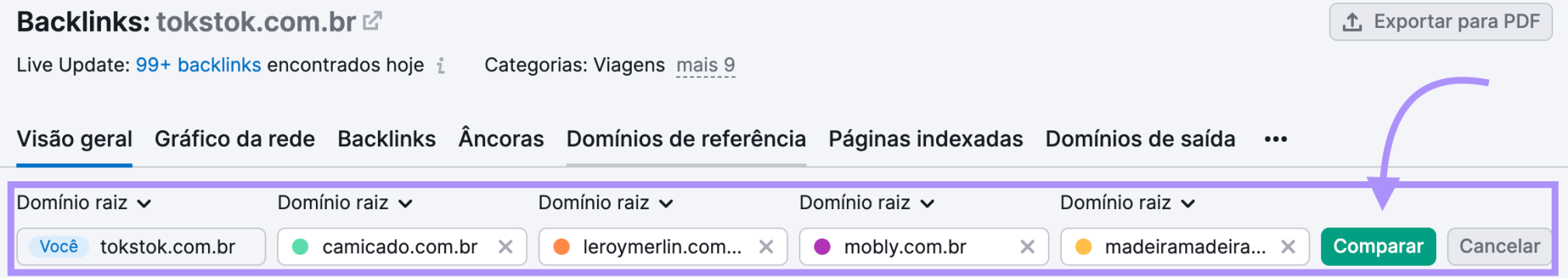 Exemplo de concorrentes na ferramenta de Análise de Backlink Analytics