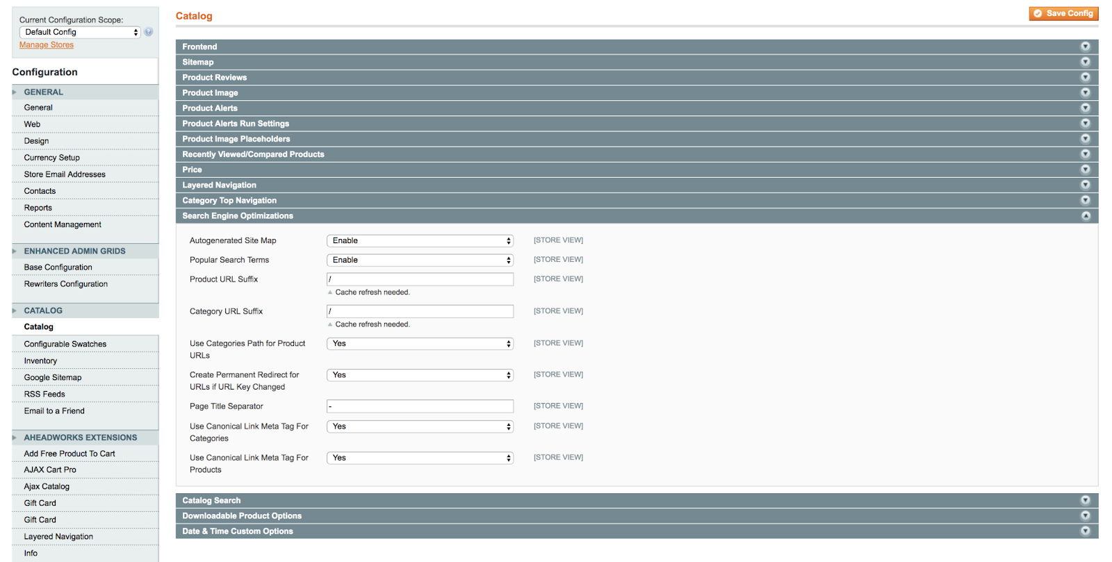 onde especificar URLs canônicos para páginas de produtos e categorias no Magento 1