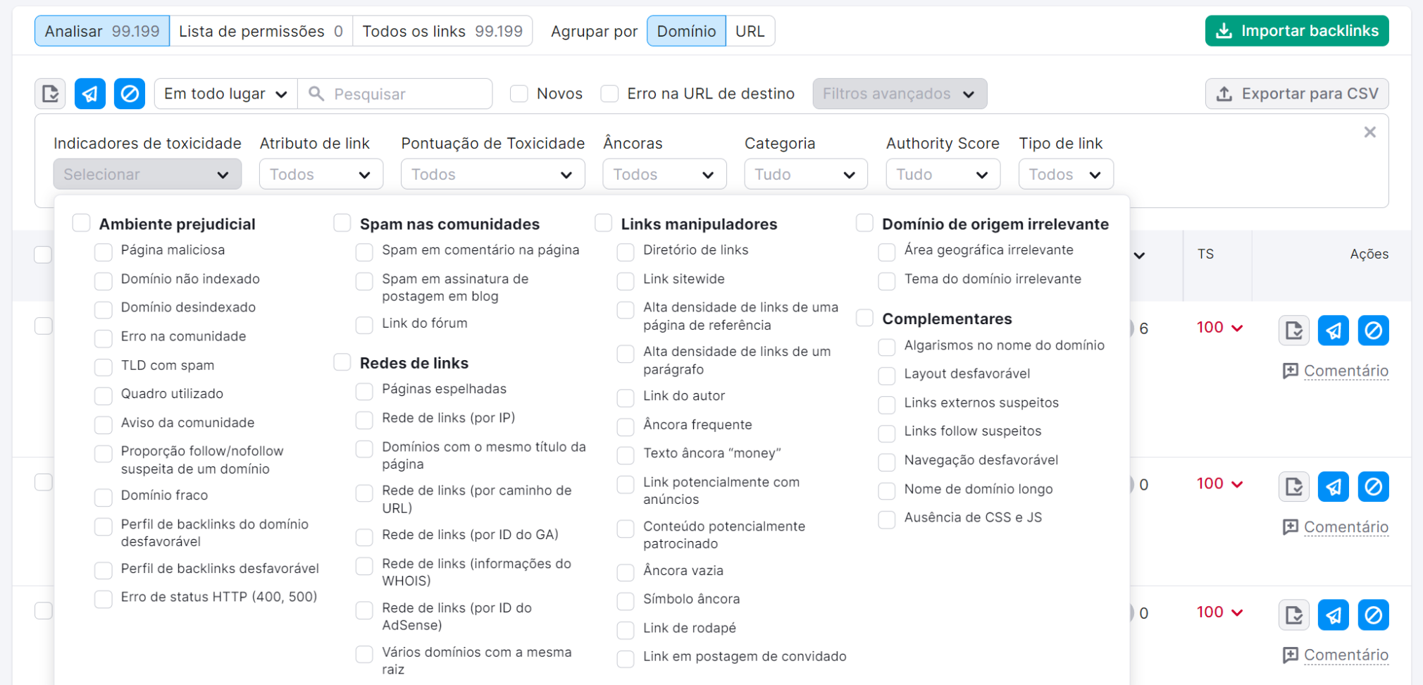 ferramenta backlink audit - indicadores de toxicidade
