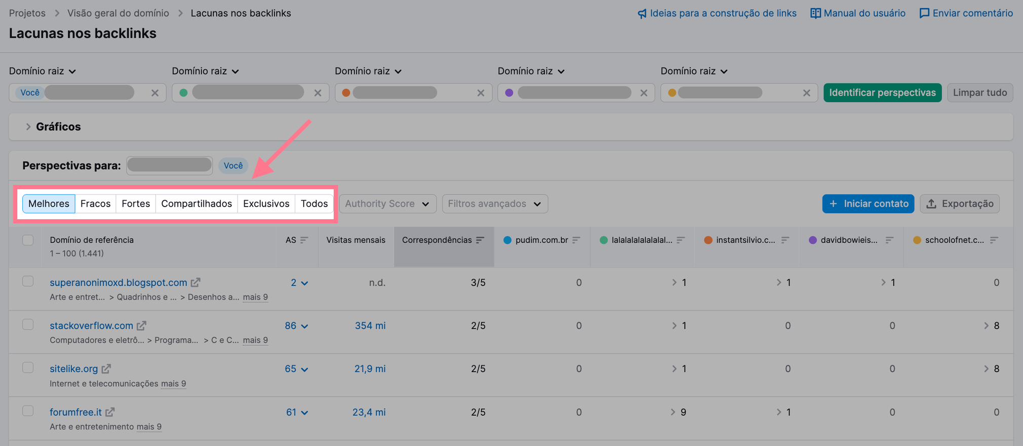 filtros ferramenta lacunas de backlinks
