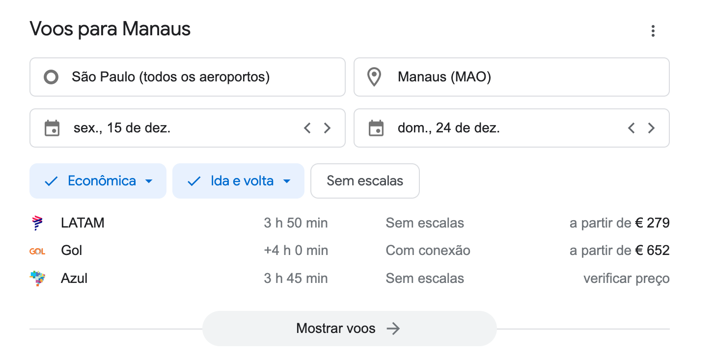 Recurso de SERP interativo do Google Flights