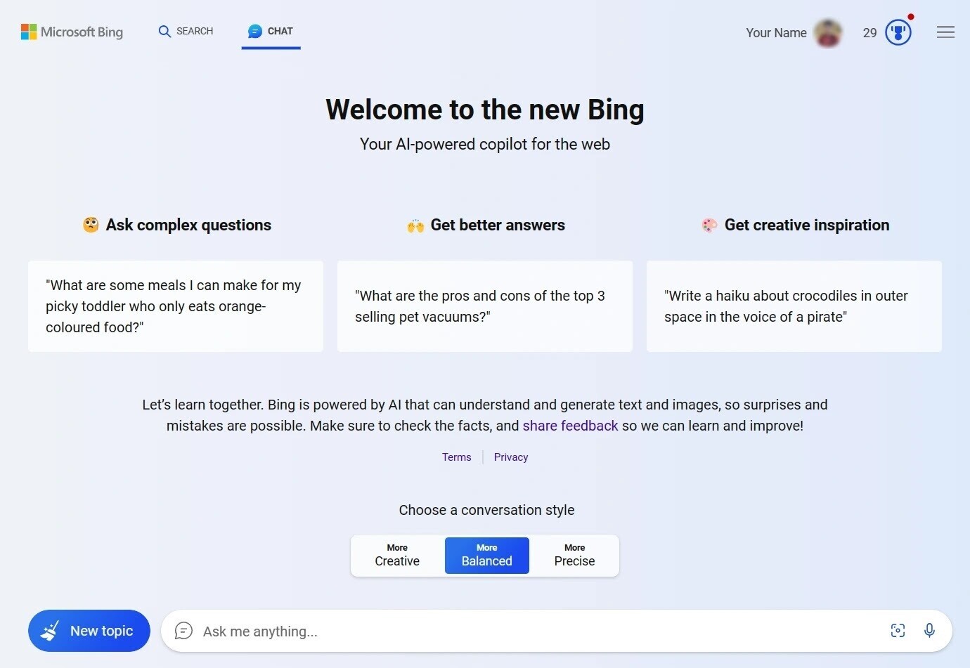 A interface para bate-papo com tecnologia GPT-4 do Bing