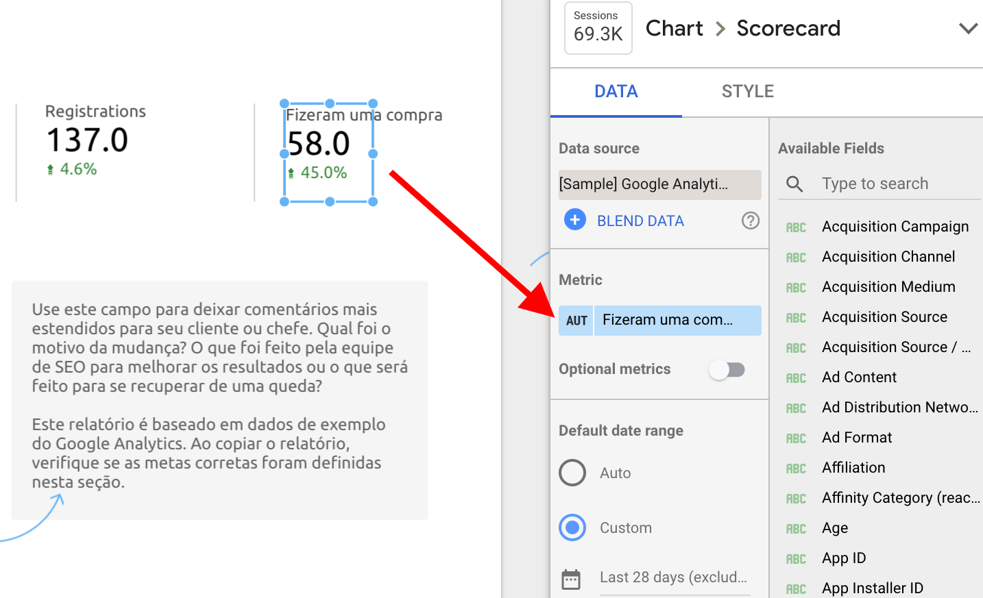 alterando as metas no relatório de SEO do Google Looker Studio
