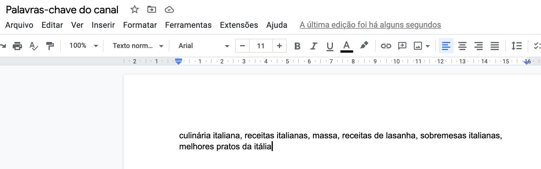 palavras-chave de canal em um Google Doc