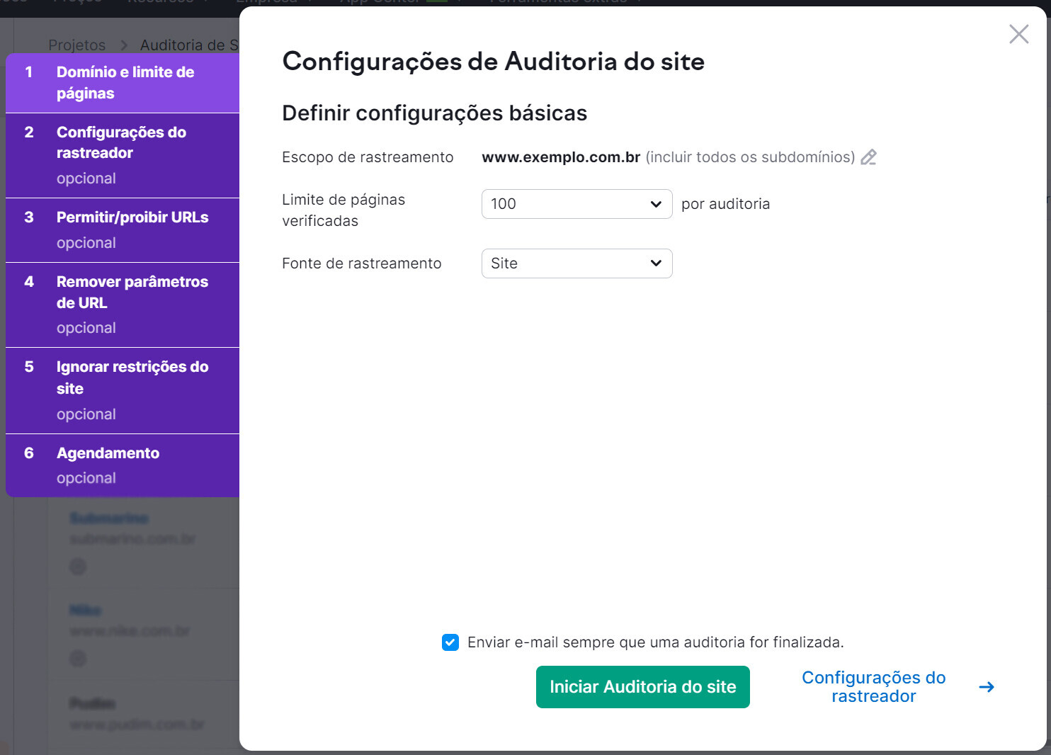 configurações de auditoria do site