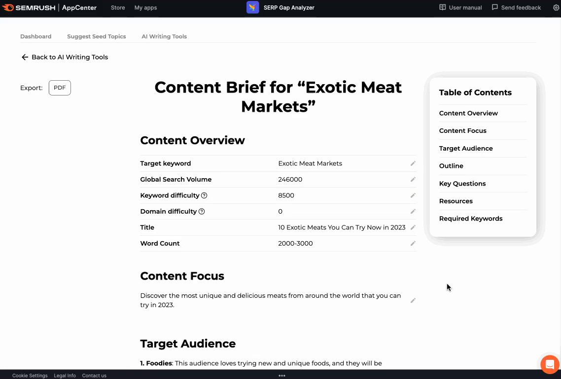 seções no gerador de conteúdo de ia SERP Gap Analyzer