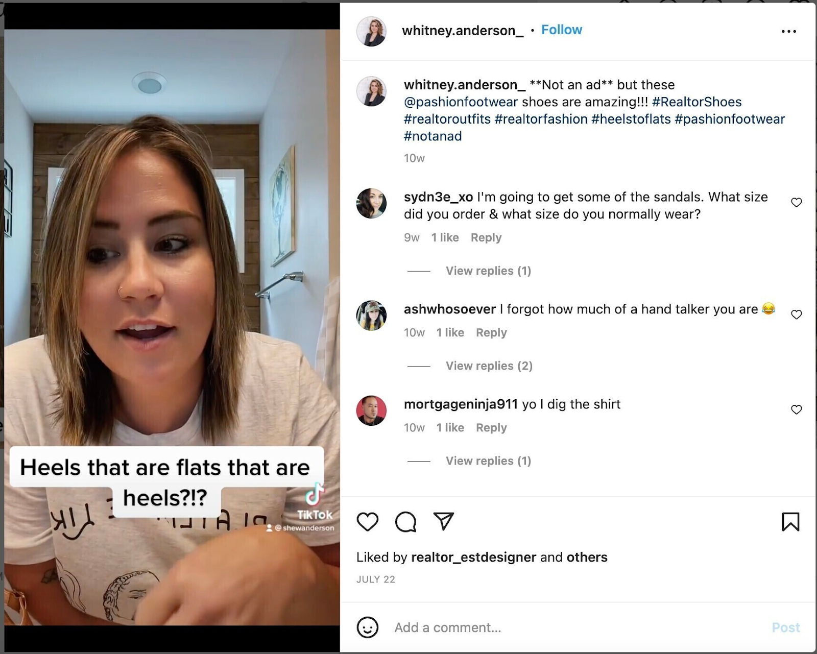 Captura de tela do vídeo de Whitney Anderson sobre seus sapatos Pashion Footwear