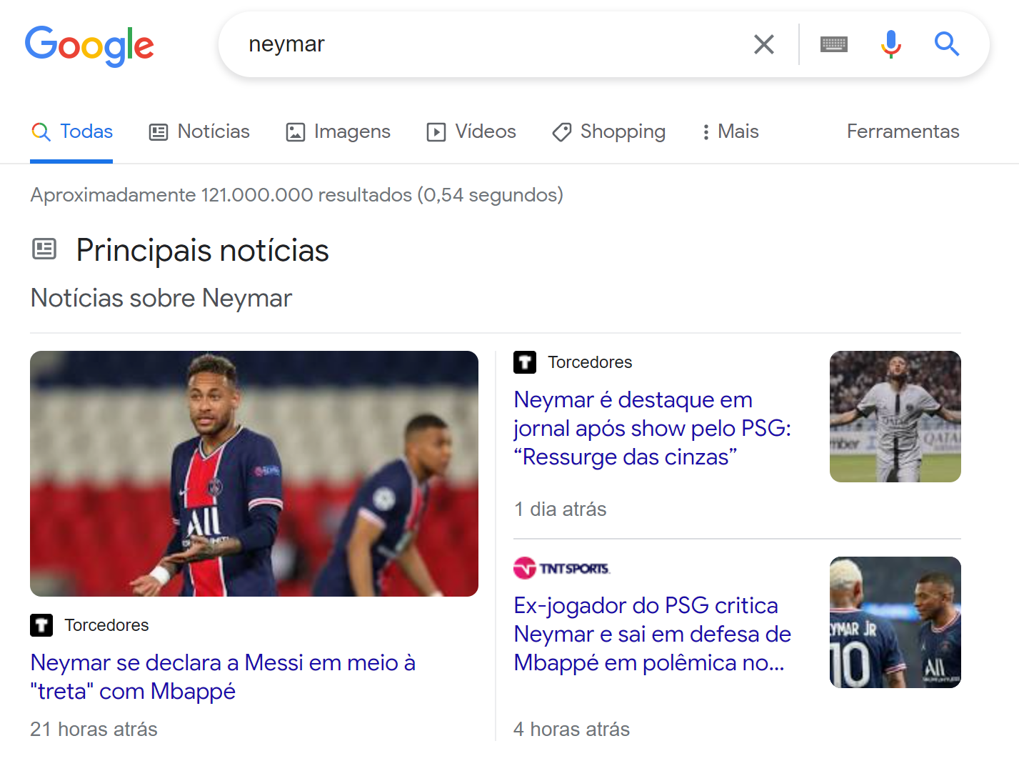 SERP features - principais notícias