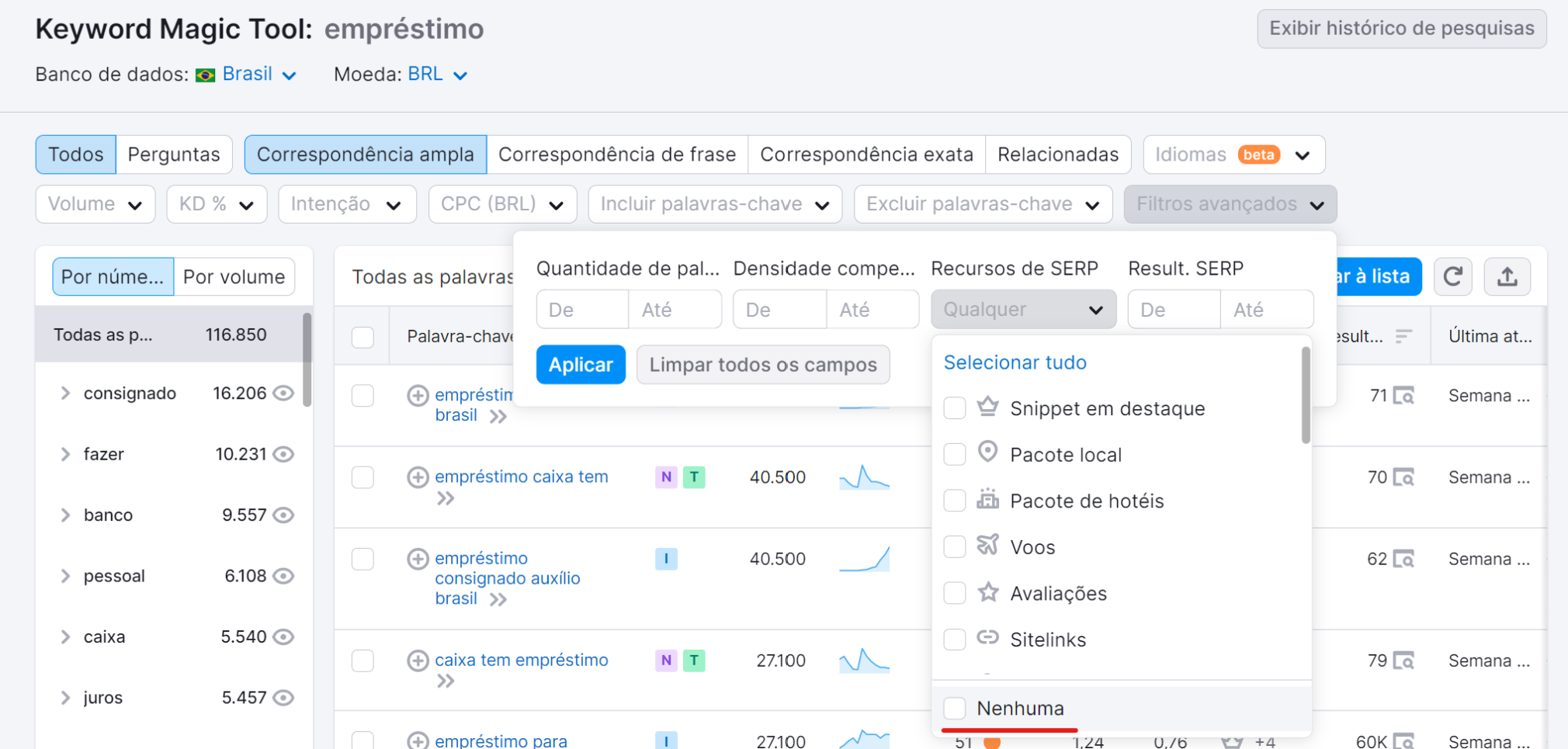 recursos serp na ferramenta keyword magic tool