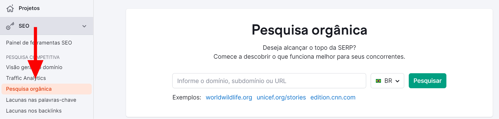 ferramenta pesquisa orgânica no menu lateral da semrush