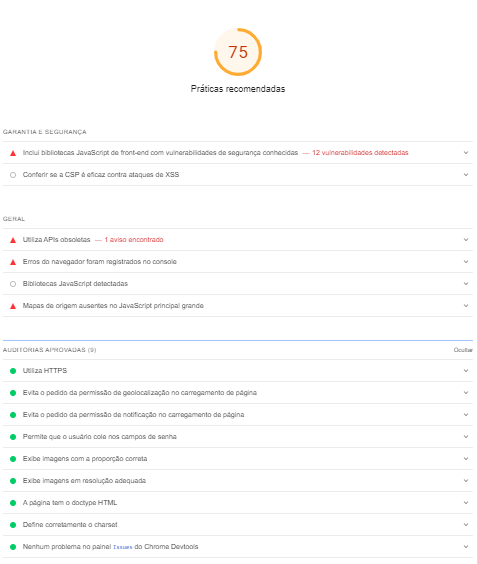 reporto de práticas recomendadas do pagespeed insights