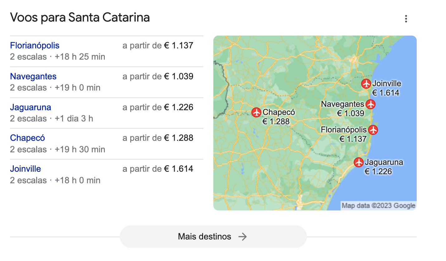 Recurso de SERP básico do Google Flights