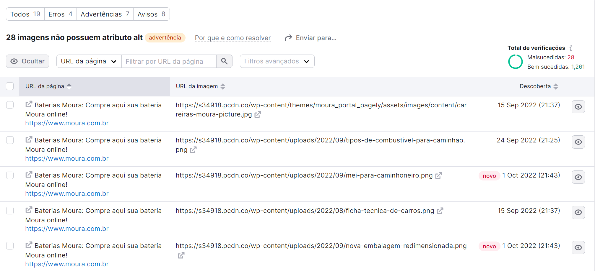 texto âncora - detalhes das advertências na ferramenta auditoria de site
