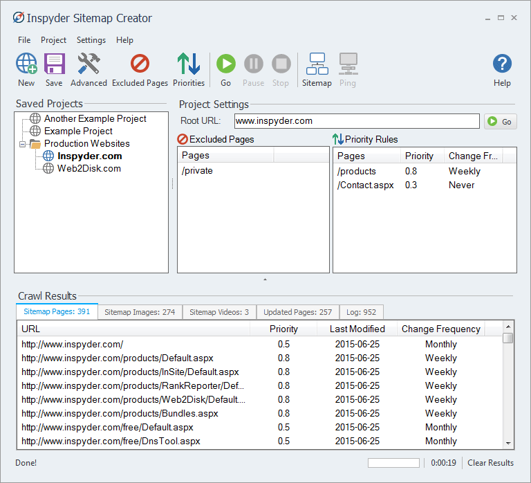 interface da Inspyder para criar sitemap