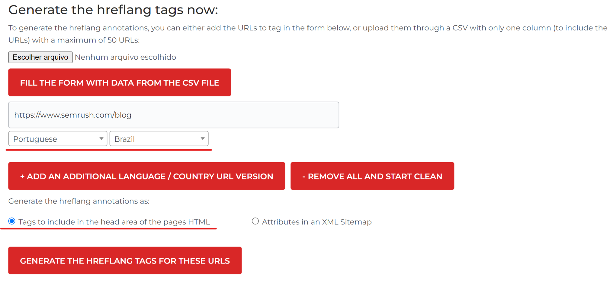 usando a The hreflang Tags Generator Tool