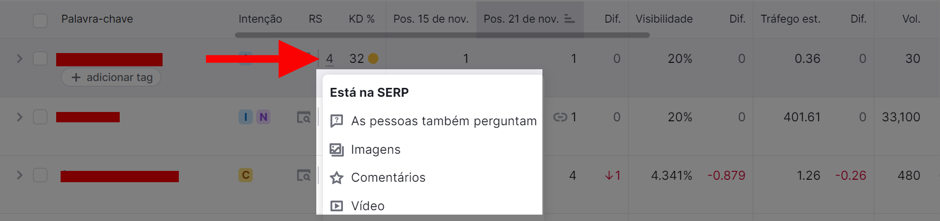 exibindo serp features disponíveis na ferramenta monitoramento de posição
