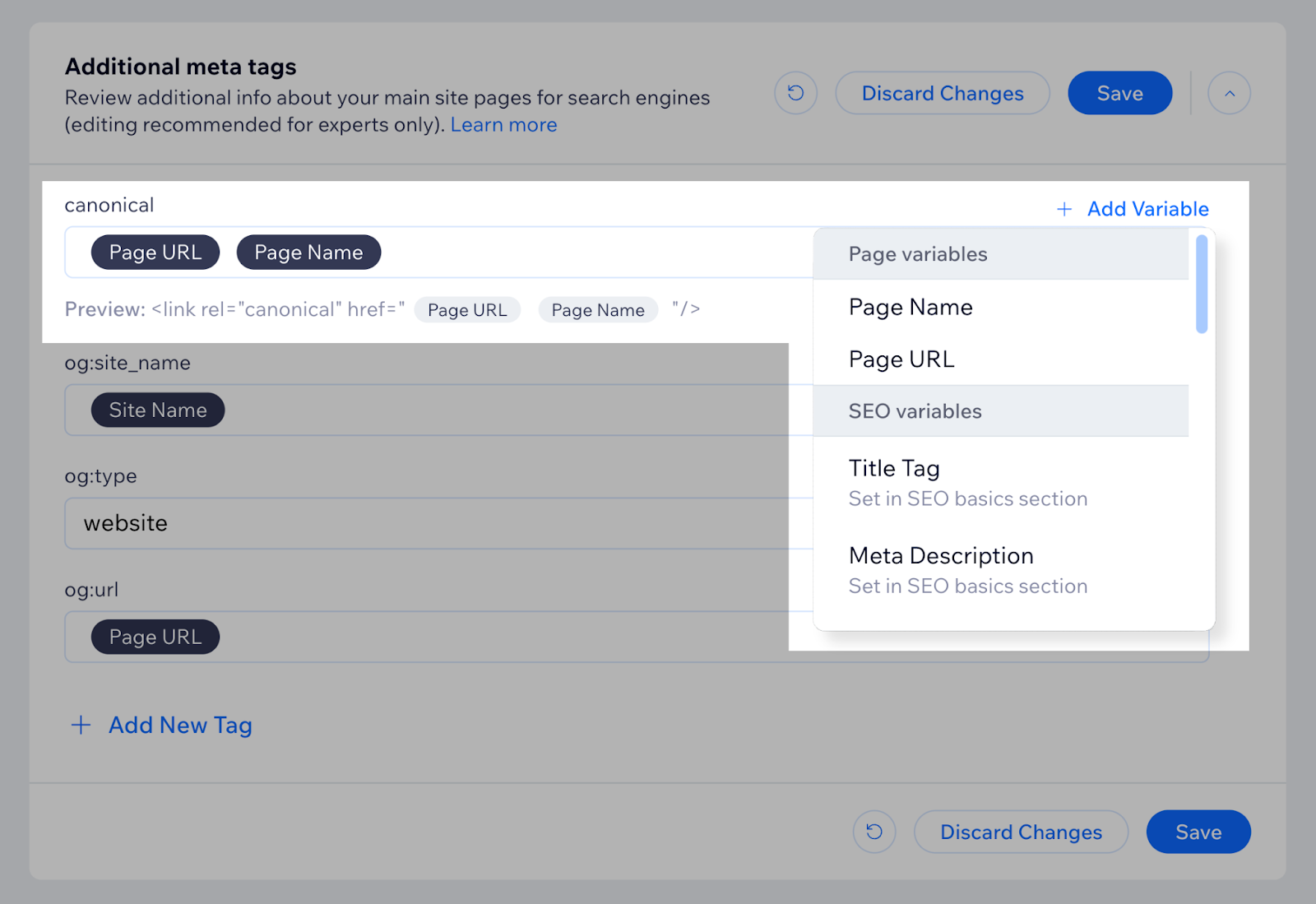 seção para adicionar variáveis com um menu suspenso
