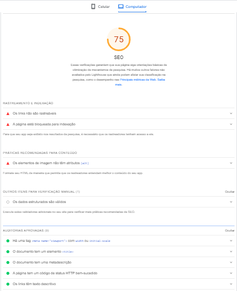 report de SEO do pagespeed insights