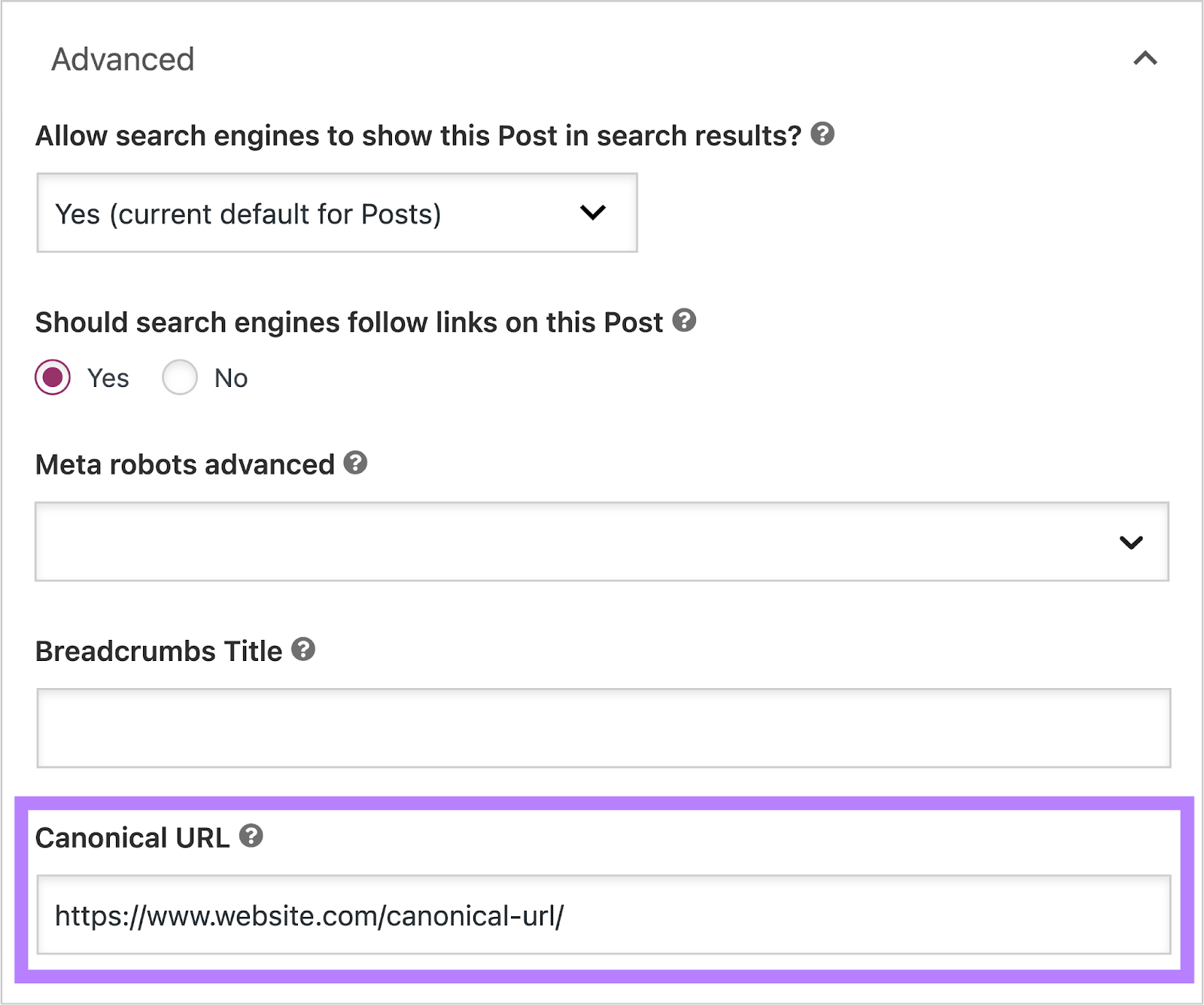 Guia “Advanced” nas opções do Yoast SEO