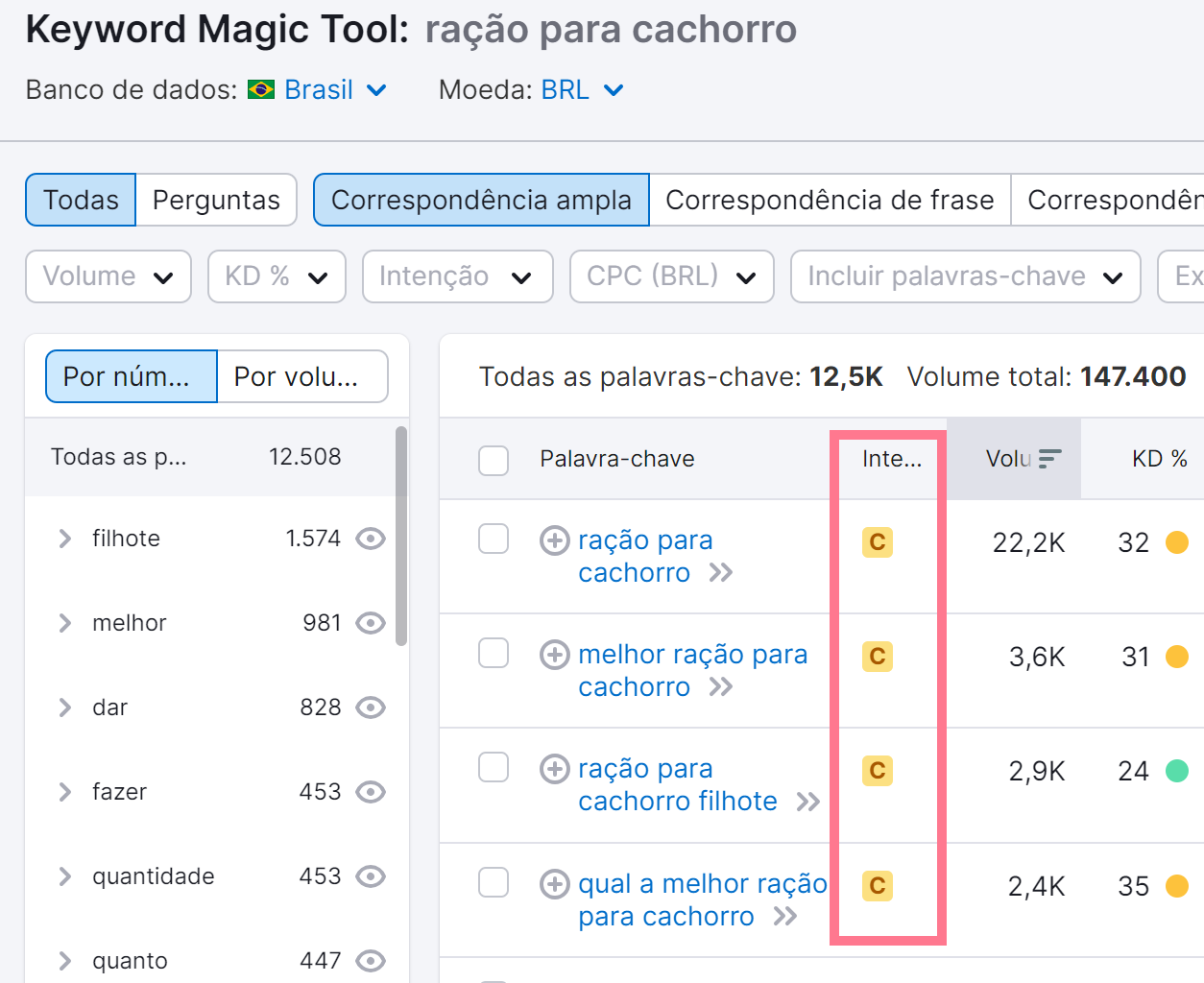 coluna com as diferentes intenções de busca da palavra-chave
