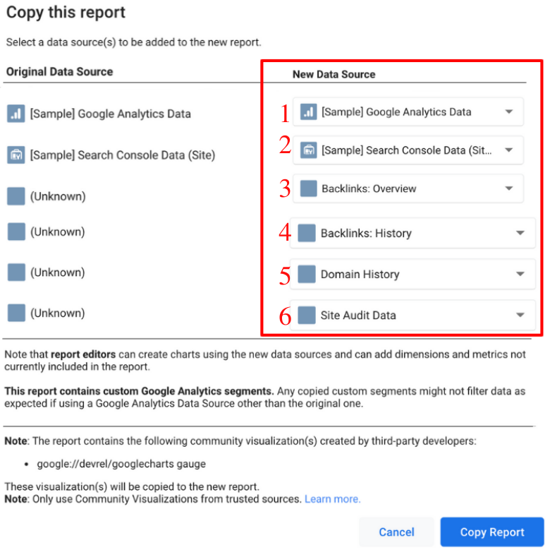 Template Relatório SEO Google Looker Studio: opções de fontes de dados