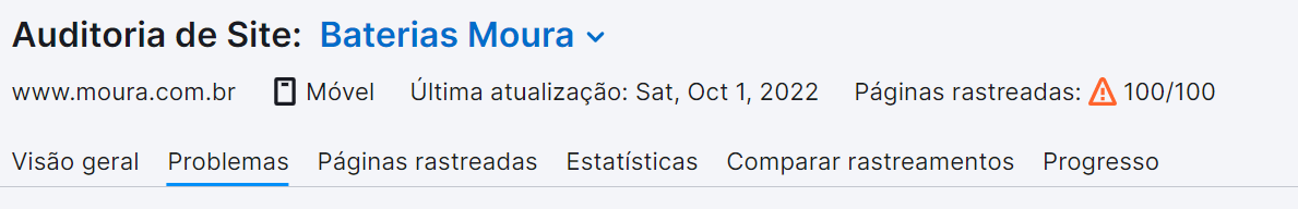 texto âncora - aba problemas na ferramenta auditoria de site
