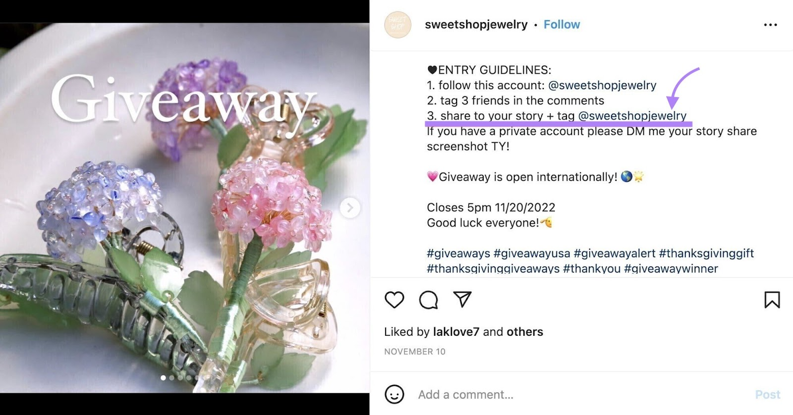 Postagem no Instagram para o concurso realizado por uma pequena joalheria