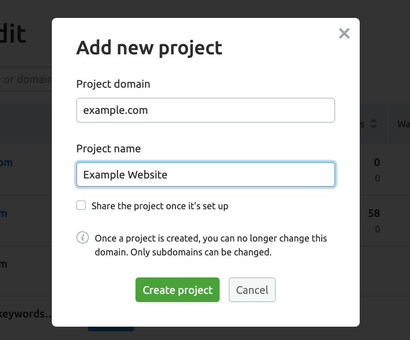 tela para criar novo projeto na auditoria de site