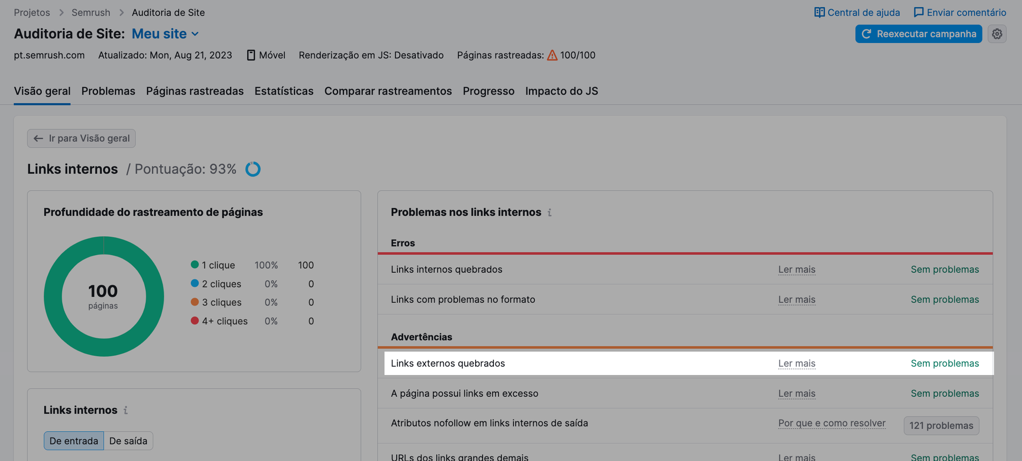 relatório de links quebrados