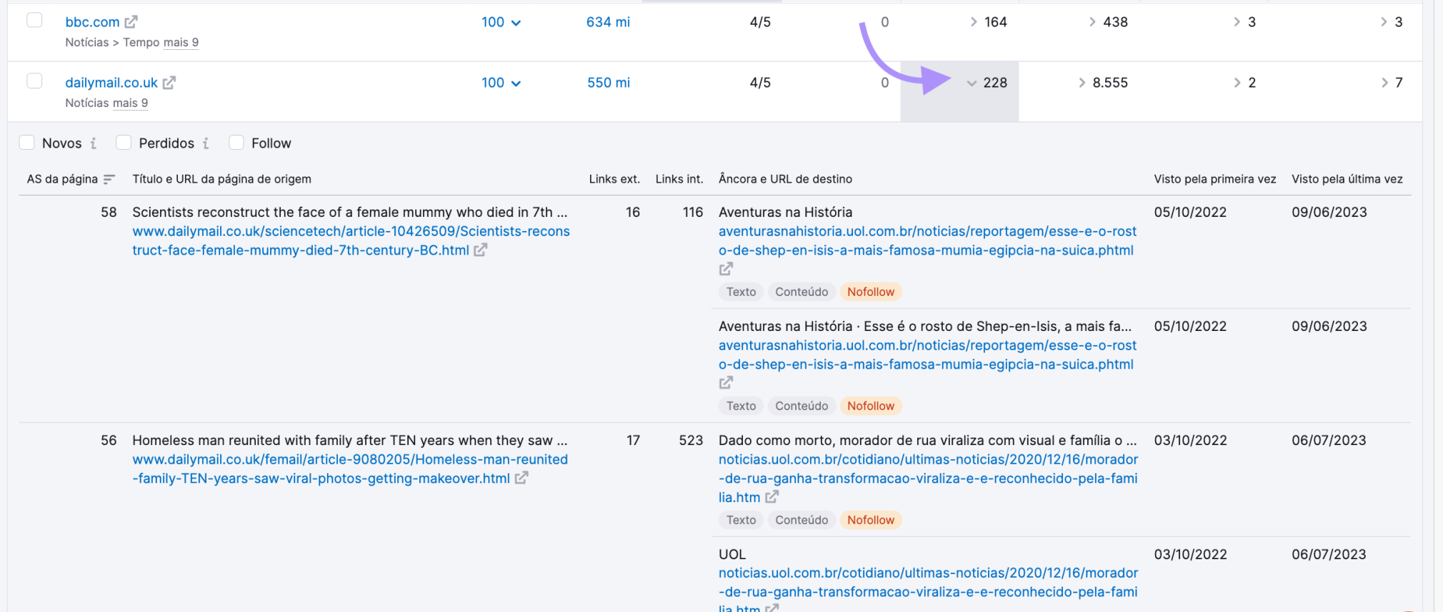 Navegação para mais informação sobre cada backlink