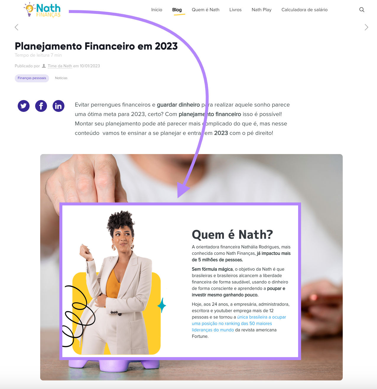 Biografia da educadora financeira Nath Finanças demonstrando experiência