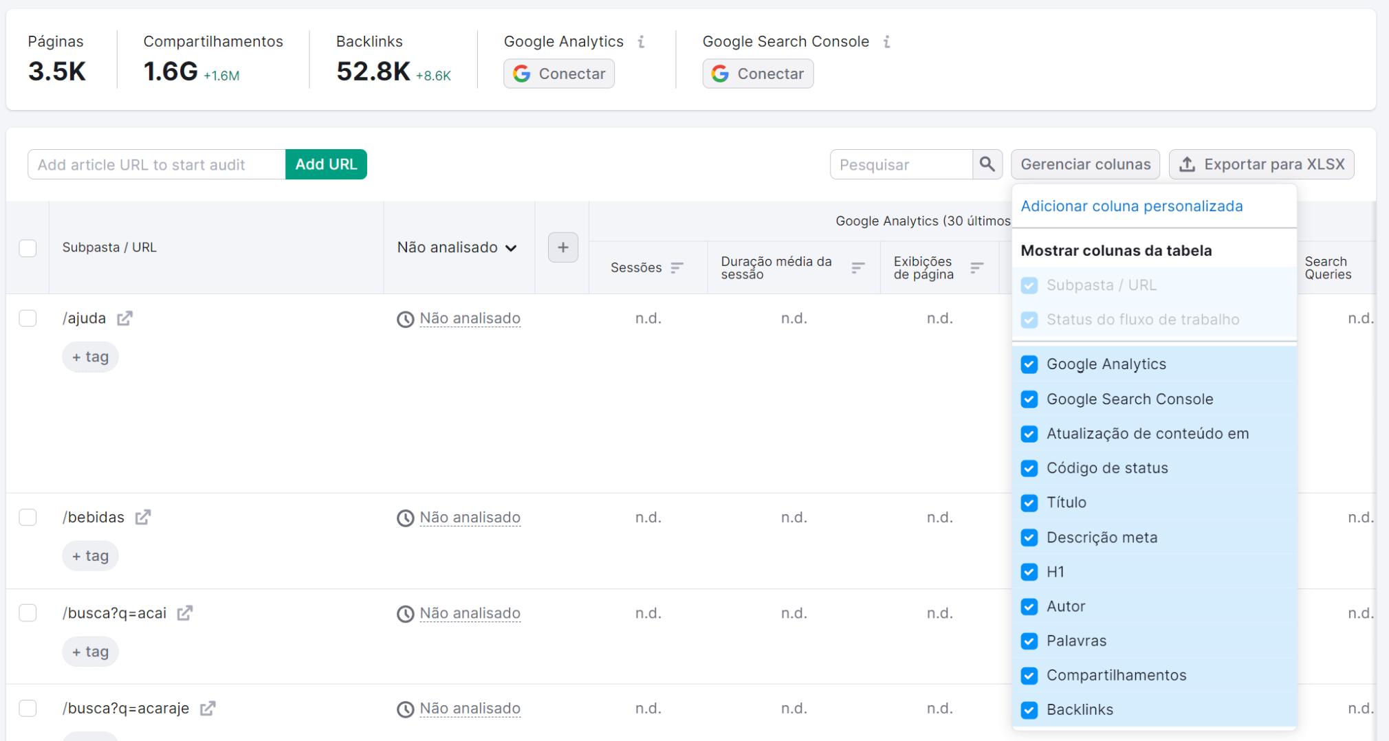 gerenciando colunas na ferramenta content audit