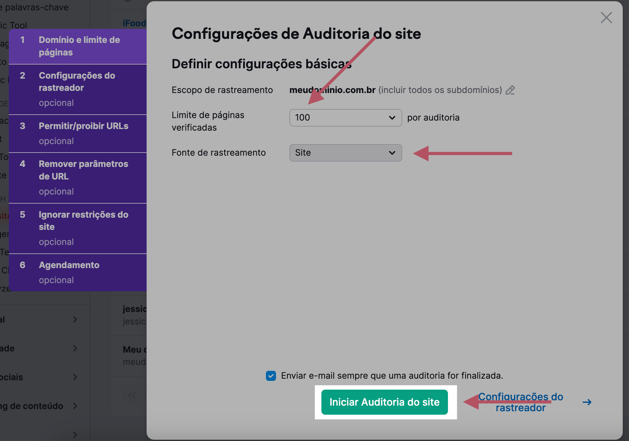 configurações da auditoria do site