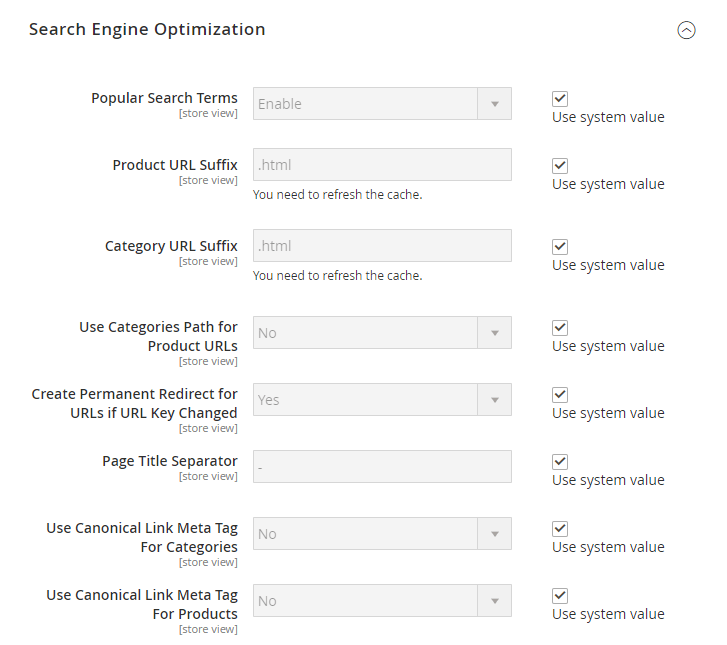 Seção “Search Engine Optimization” no Magento 2