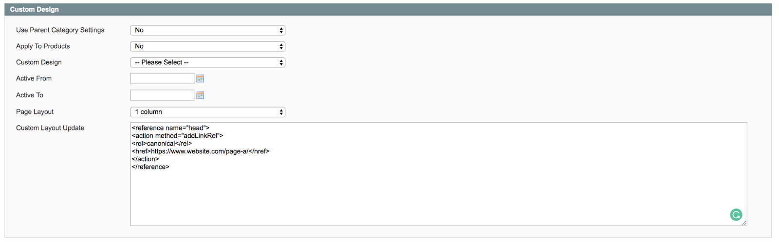 caixa “Custom Layout Update” no Magento 1