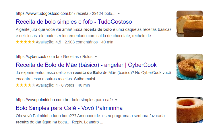 Print da SERP do Google para "receita de bolo"