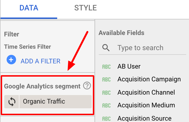 Escolhendo o segmento do Google Analytics no relatório de SEO do Google Looker Studio