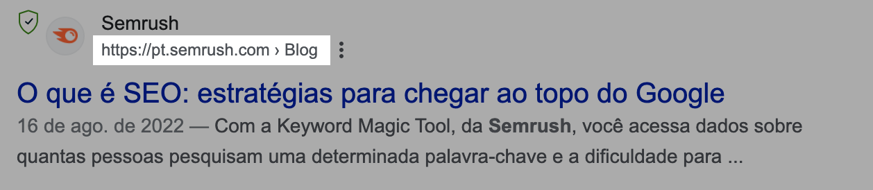 Domínio e localização atual em um snippet de pesquisa