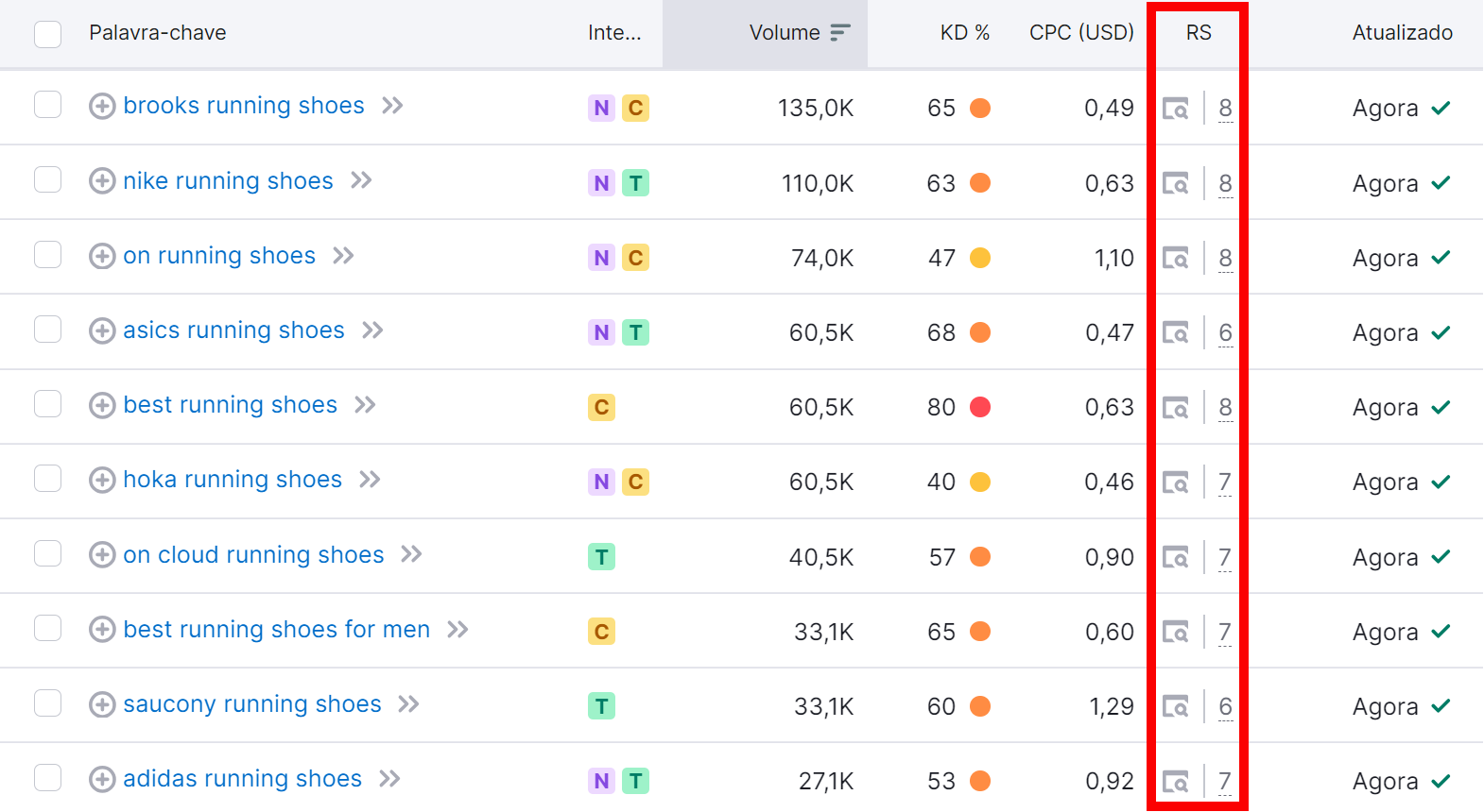 Recursos SERP na ferramenta Keyword Magic