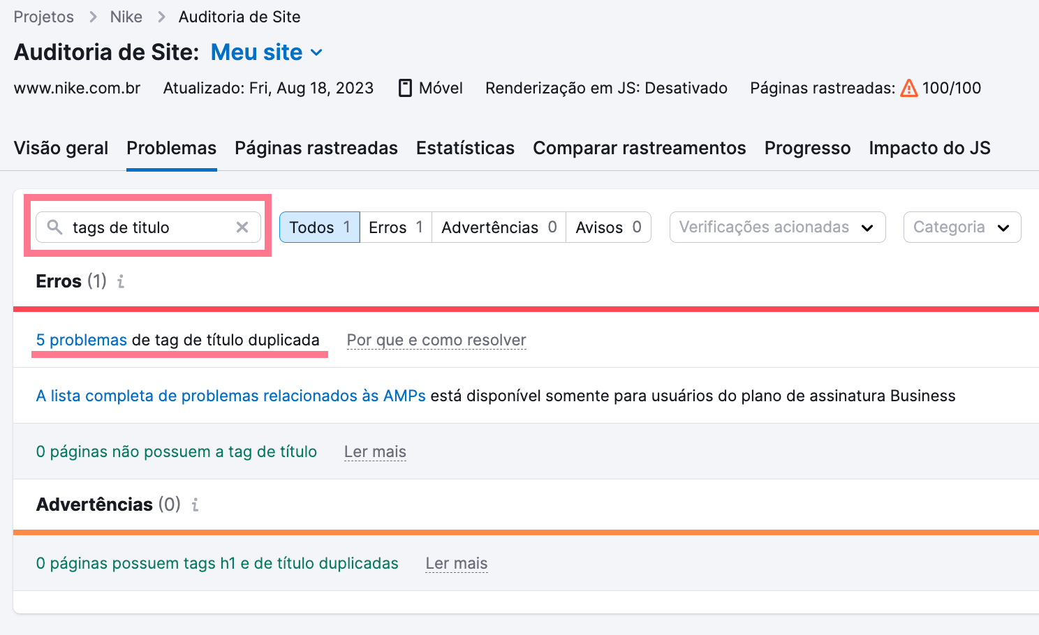 erros de tags de título