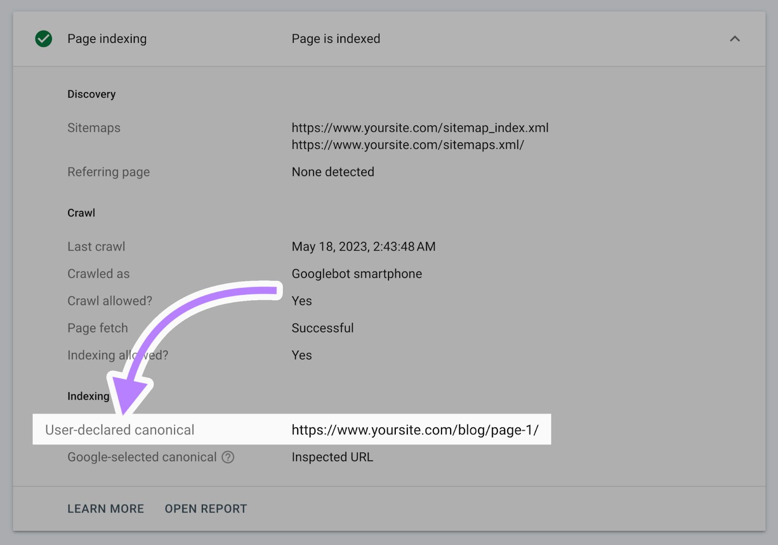 seção “User-declared canonical” no Google Search Console