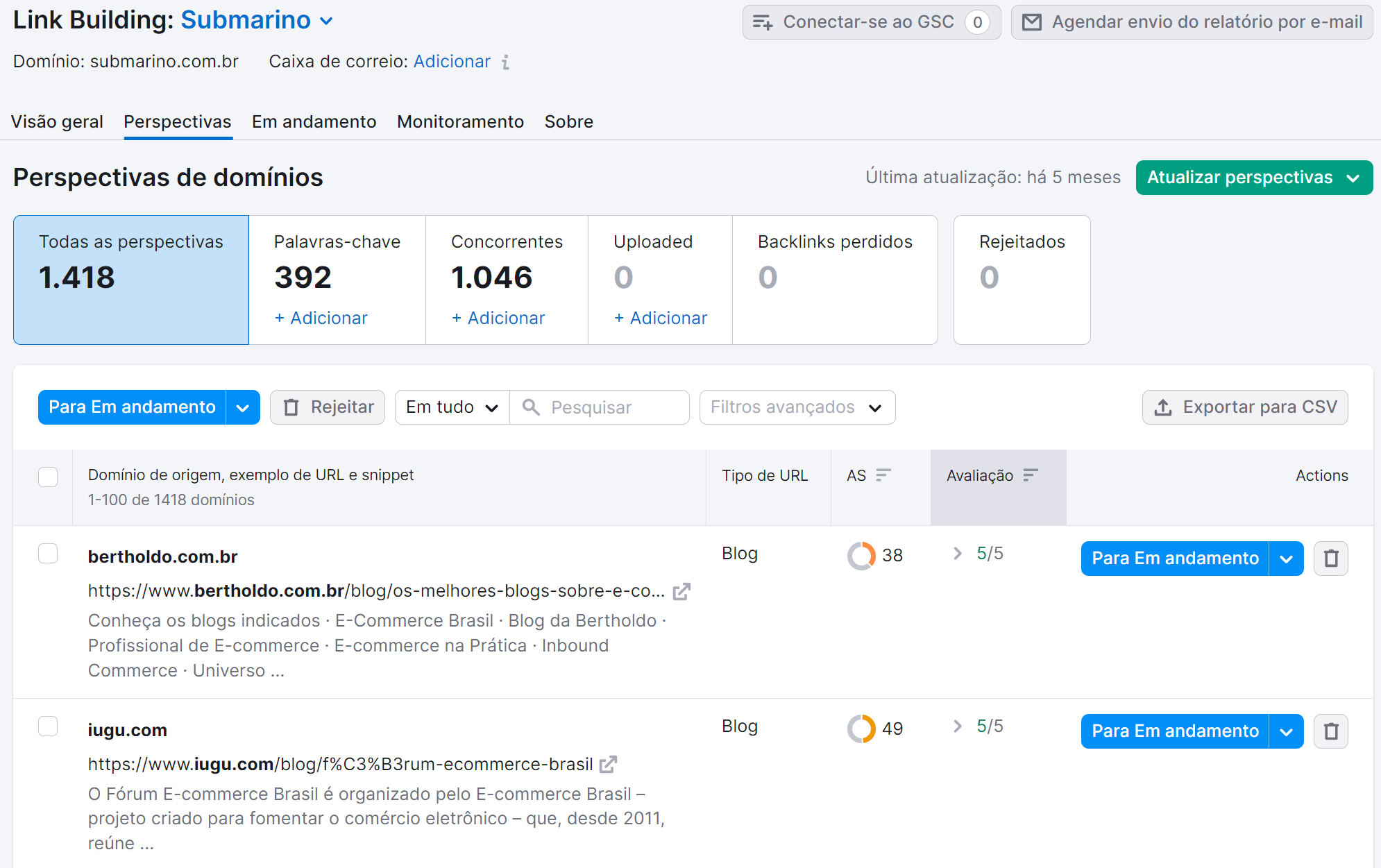 resultados de pesquisa na ferramenta link building tool