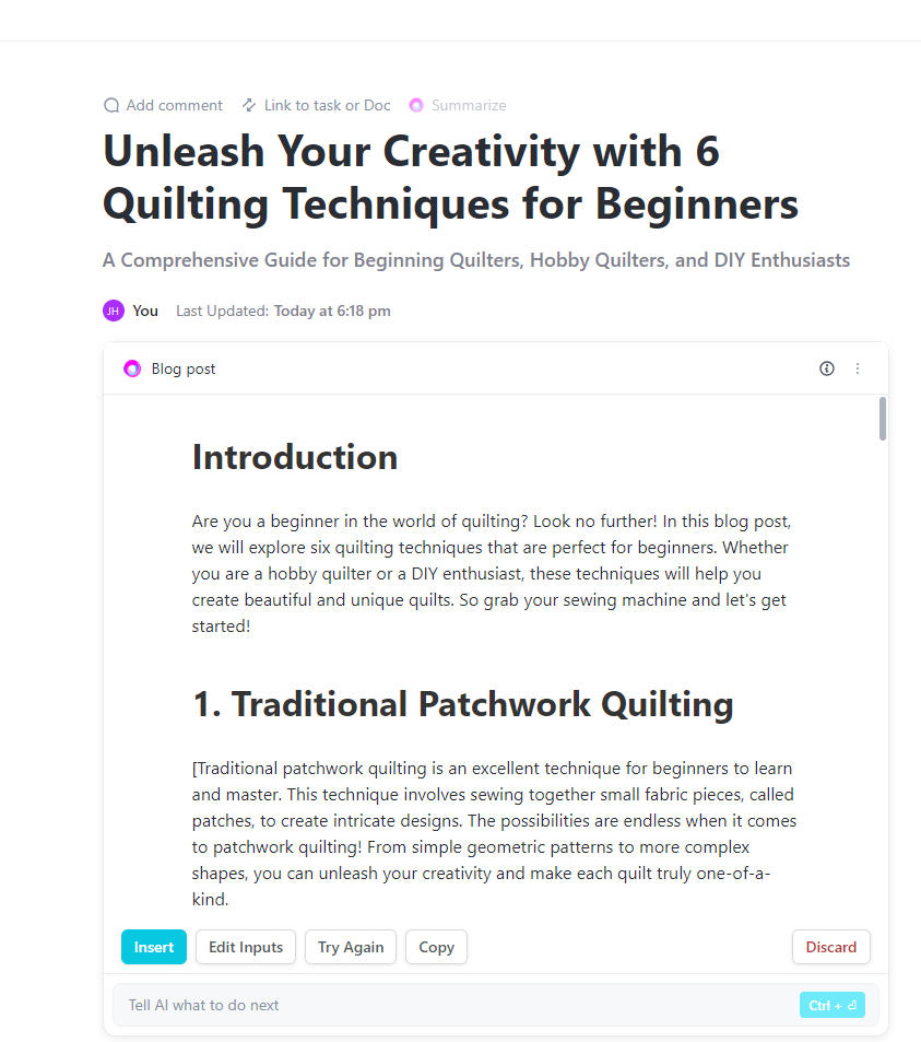 texto criado pelo gerador de conteúdo de ia ClickUp