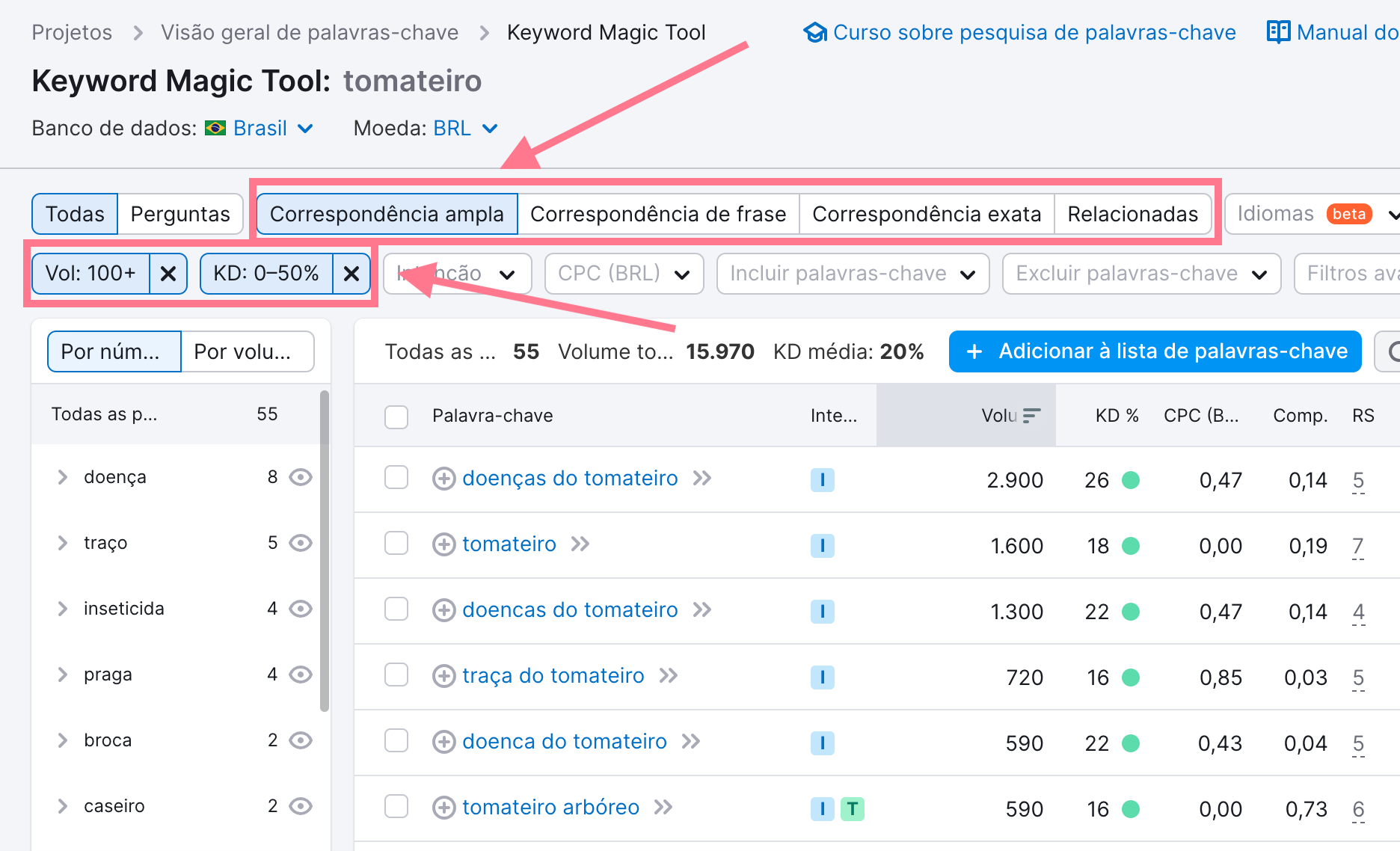 filtros da keyword magic tool