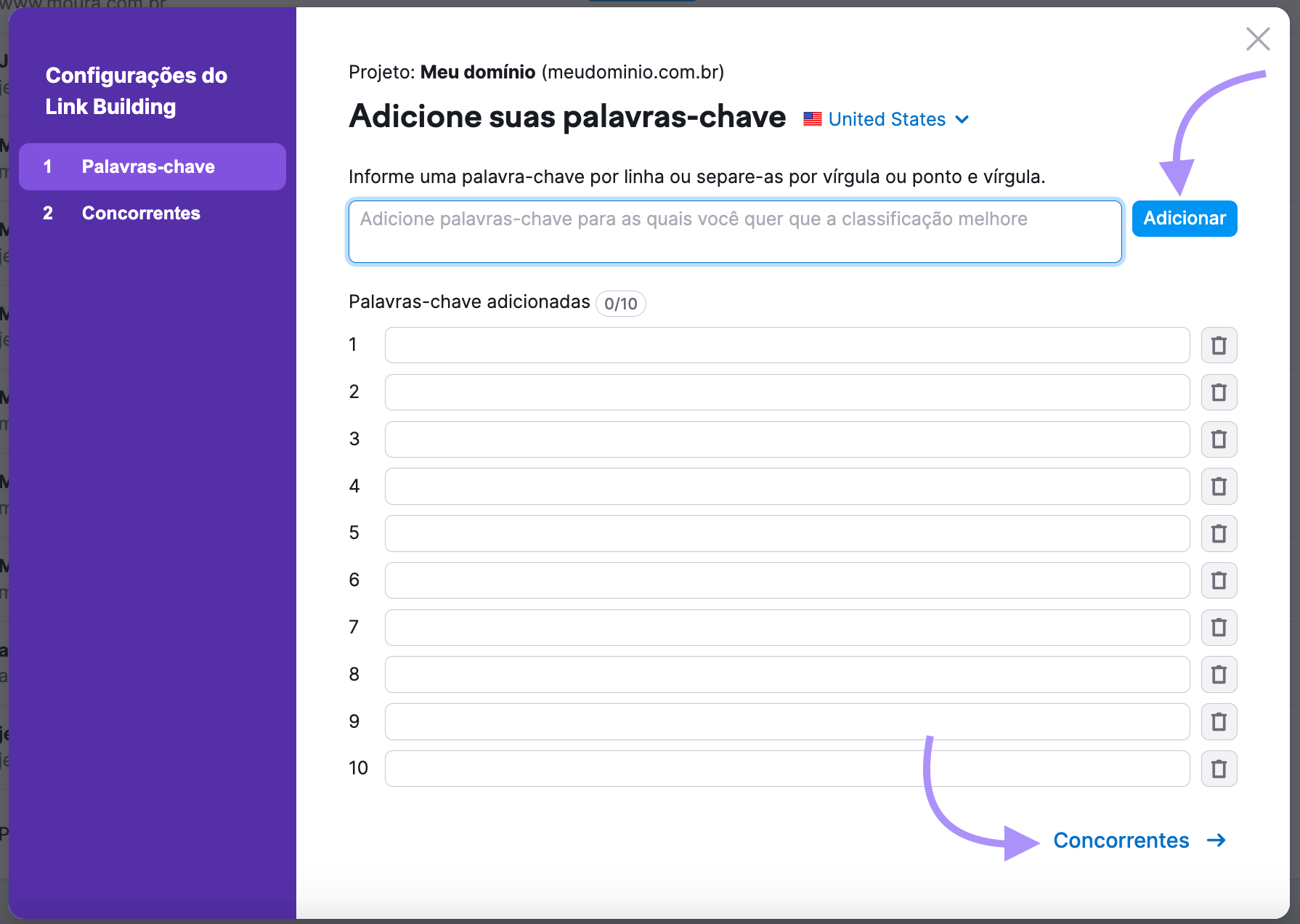 inserindo palavras-chave na ferramenta Link Building