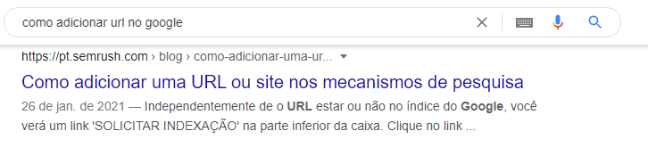 Print da SERP do Google para "como adicionar URL no Google", mostrando o SEO title usado pela semrush