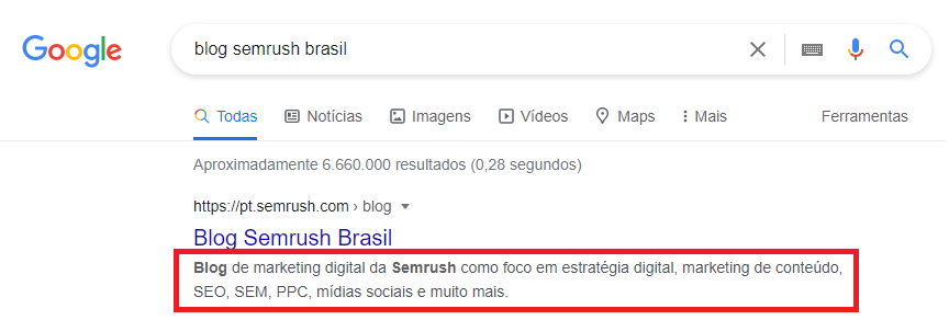 Print da SERP do google para "blog semrush brasil" com destaque na meta description