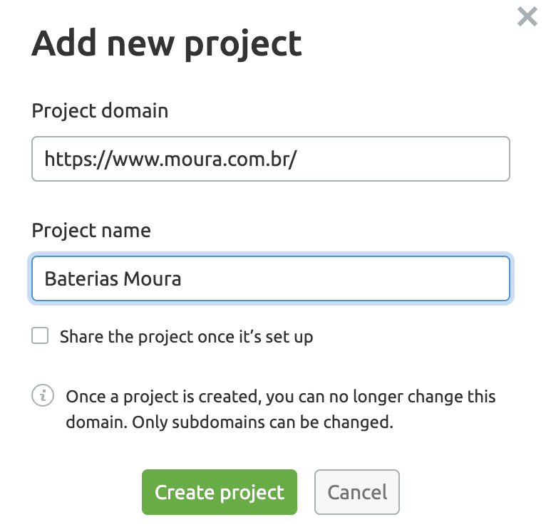 Mostrando como adicionar um novo projeto à ferramenta Auditoria de Site