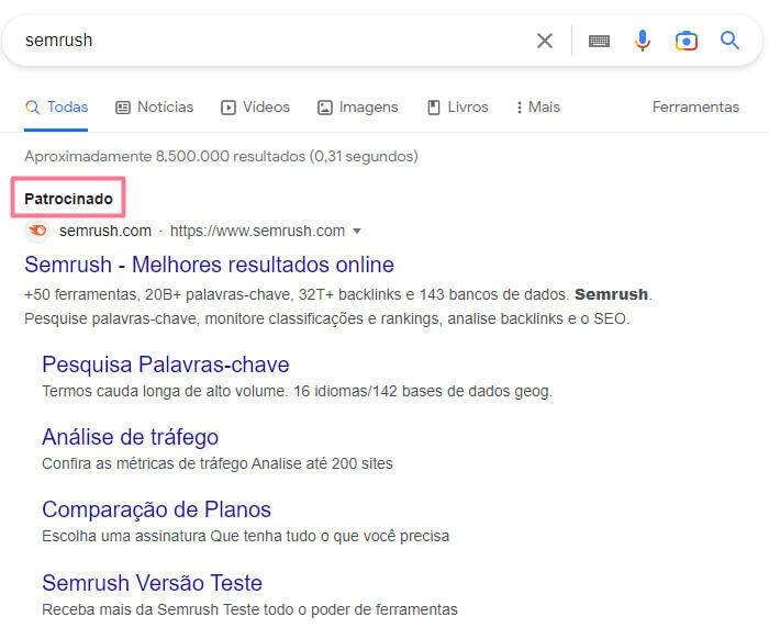screenshot da SERP mostrando link patrocinado para a busca por "semrush"