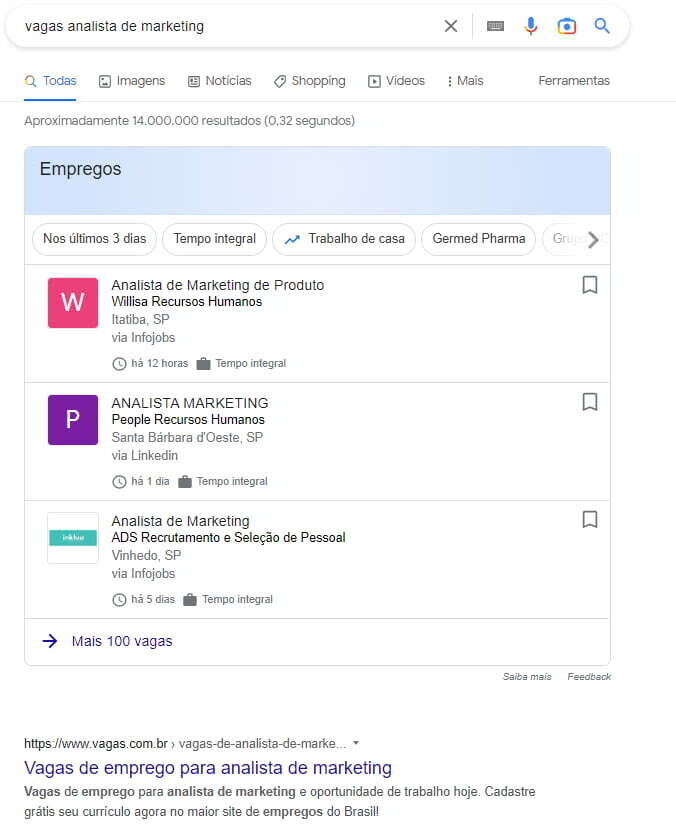 screenshot da SERP para a busca "vagas analista de marketing" com Job Postings de vagas, um tipo de dados estruturados